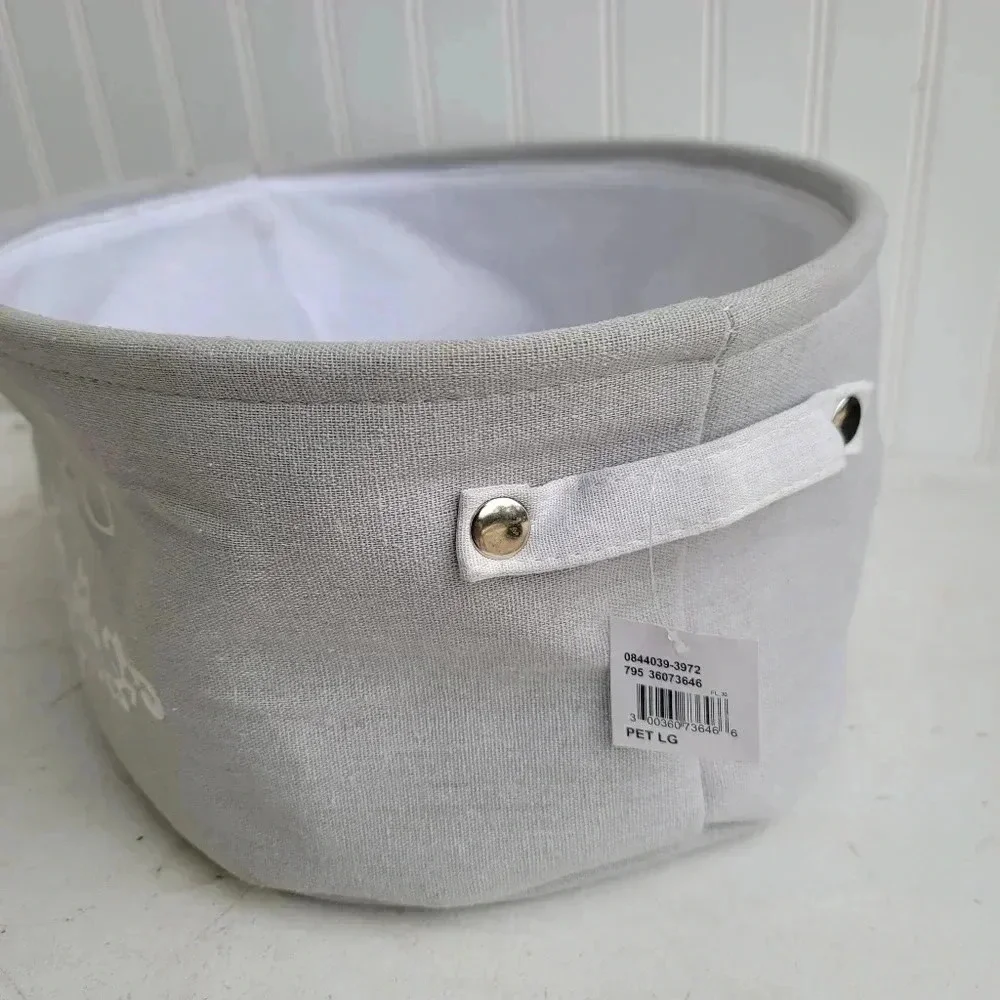 Dog Toys Oval Gray Canvas w/Handles Storage Basket Organizer Bin Box 7.5x15x12